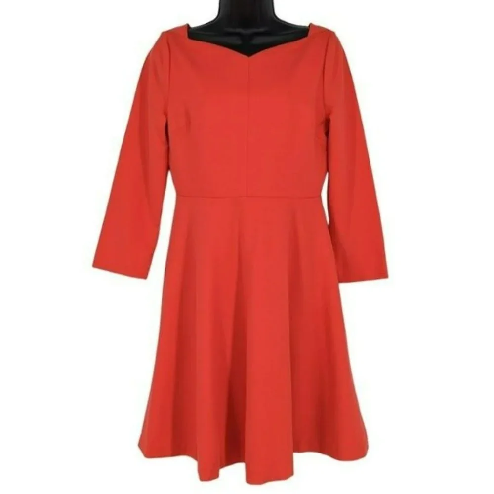 Kate Spade Fit & Flare Dress 6 Red 3/4 Sleeve Sweetheart Neck Stretch Ponte Knit